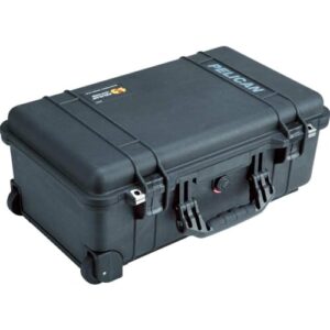 The Pelican 1510 Case With Foam (Black) is a rugged, wheeled hard case with a secure locking mechanism and handle, featuring PELICAN on the top. It includes foam for added equipment protection during transport.