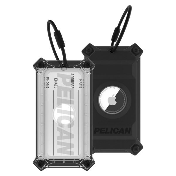 Pelican Luggage Tag, Holder for Apple AirTag - Scratch Resistant and Steel Plate Reinforced Luggage Rugged Case with Name Tag - Stainless Steel Loop with Airtag Case for Travel - Black