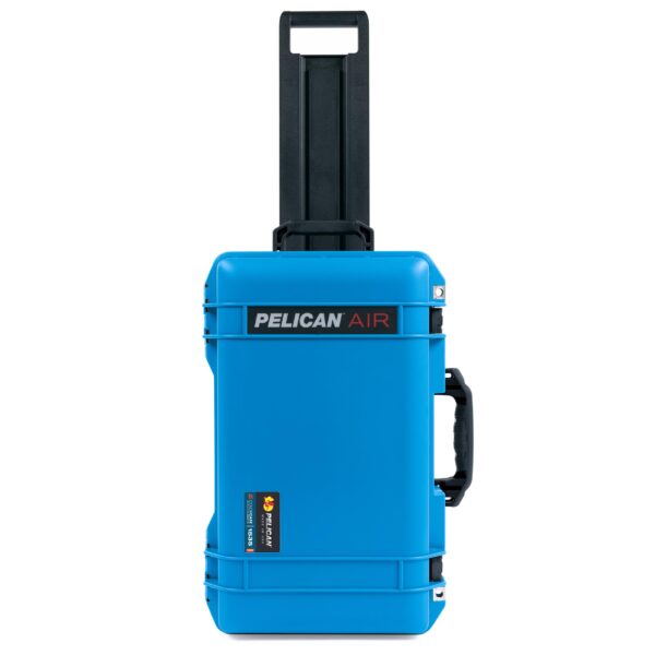 An electric blue ColorCase Pelican Air 1535 carry-on case is shown upright, featuring black handles and latches for secure closure and model labeling. Designed for durable protection and easy portability, it keeps your belongings safe, even in wet conditions.
