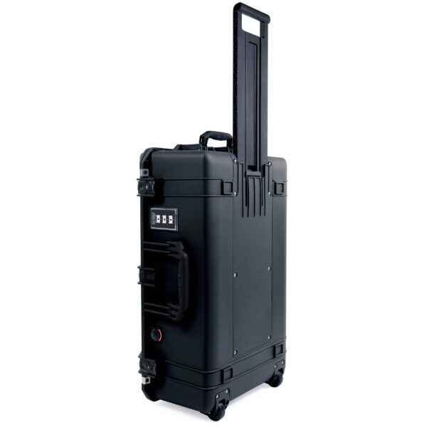 The Pelican 1595 Case by ColorCase is a large, black, waterproof rolling suitcase with a telescopic handle, TSA locking latches, and two wheels for easy mobility. Ideal for safeguarding valuable items.