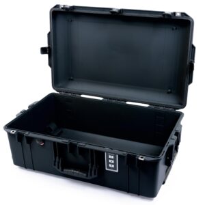 The Pelican 1595 Case by ColorCase is an open, empty large-sized waterproof case with black handles and TSA locking latches, designed to securely hold and protect equipment. It confidently sits on a white surface, ready for any journey.