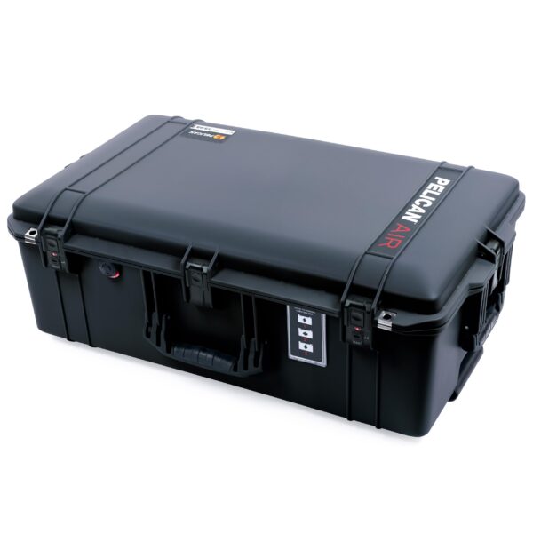 The Pelican 1595 Case by ColorCase is a large, black rectangular waterproof case with TSA locking latches, black handles, reinforced corners, and Pelican Air printed in white and red on top for durability and protection.