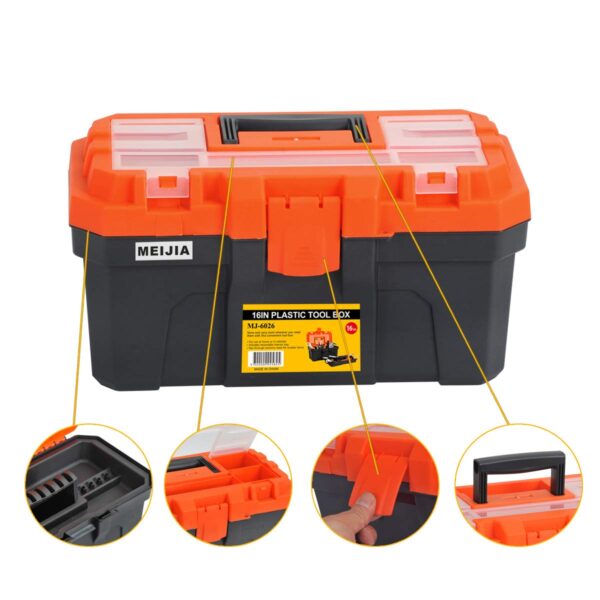 MEIJIA Portable Tool Storage Box, Organizers With Foldable Latches And Removable Tray(Black And Orange) (16"x9"x8") - Image 5