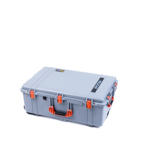 ColorCase Pelican 1650 Case Silver - Large Sized Rolling Waterproof Case with Pick & Pluck Foam & Convoluted Lid Foam - Orange Handles & Latches - Image 2
