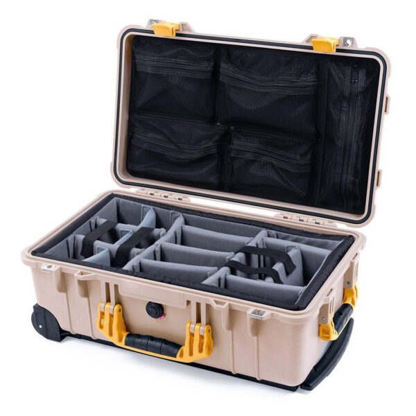 ColorCase Pelican Protector 1510 Carry-on Case Desert Tan - Medium Size Waterproof Case with Gray Padded Microfiber Dividers & Mesh Lid Organizer - Yellow Handles & Latches