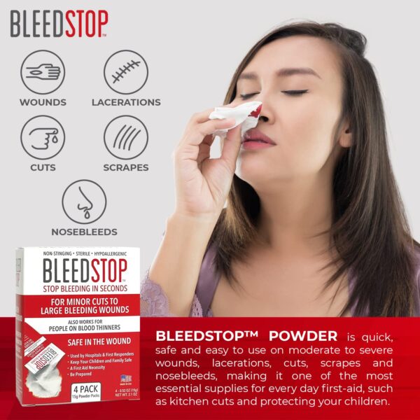 BleedStop™ First Aid Powder for Blood Clotting, Trauma Kit, Blood Thinner Patients, Camping Safety, and Survival Equipment for Moderate to Severe Bleeding Wounds or Nosebleeds - 4 (15g) Pouches - Image 2