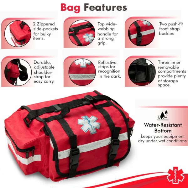 NOVAMEDIC Professional Empty Red First Responder Bag, 17" x 9" x 7", EMT Trauma First Aid Carrier for Paramedics and Emergency Medical Supplies Kit, Lightweight and Durable - Image 5