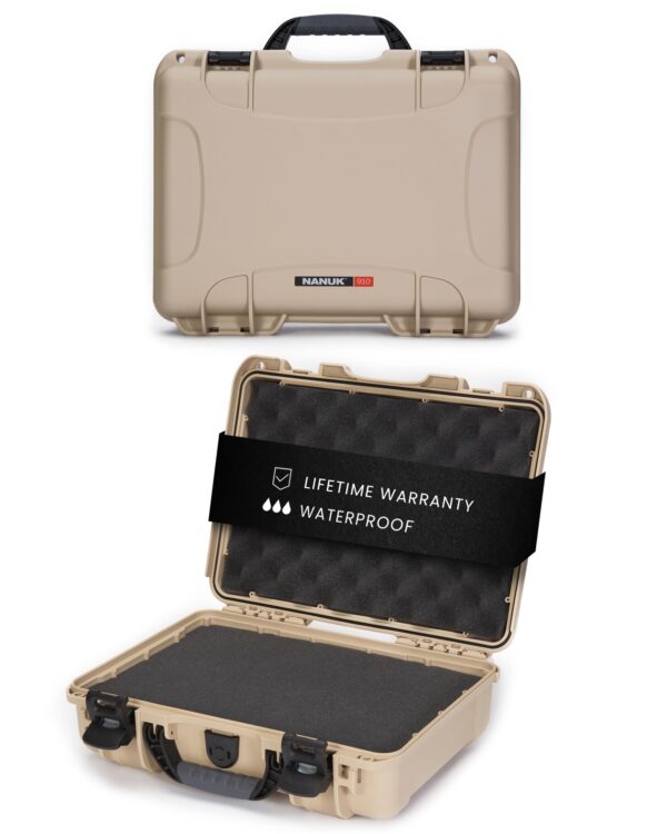 Nanuk 910 Hard Case with Customizable Cubed Foam, IP67 Waterproof & Crushproof, Rugged Construction for Ultimate Protection, Made in North America – Tan (14.3” x 11.1” x 4.7”)