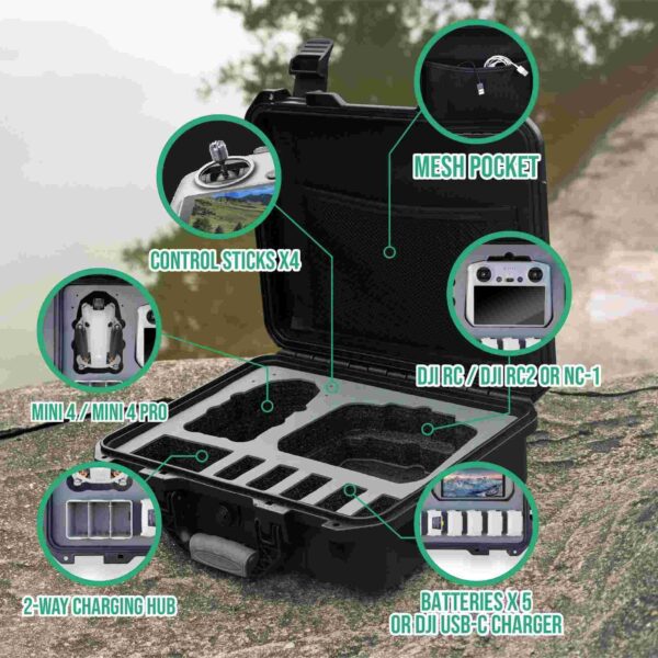 INNVO Waterproof Hard Case for DJI Mini 4 Pro Fly More Combo RC 2 / RC-N2, Rugged Protective Carrying Case Compatible with DJI Mini 4 PRO/Mini 3 PRO, Rubber Handle Mesh Pocket Black - Image 6
