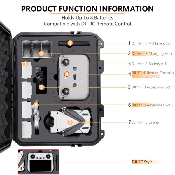 Hard Case for DJI Mini 3 Pro Drone - Waterproof Carrying Case for DJI Mini 3 Pro with Strap Fit for 8 Batteries, DJI RC Smart Controller, Charging Hub, ND Filter Case, Propellers - Image 6