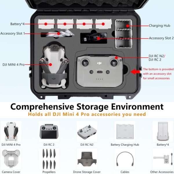 Hard Case for DJI Mini 4 Pro, DJI Mini 4 Pro Waterproof Carrying Case with Strap Fits For All Mini 4 Pro Fly More Combo Drone Accessories(Compatible with RC2/RC/N1/N2 Controller) - Image 6