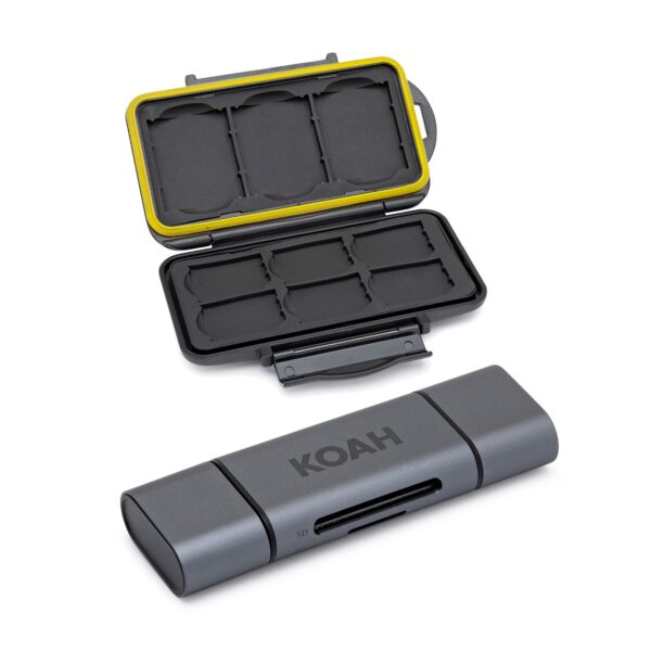 Koah PRO Rugged Memory Storage Carrying Case and 2-in-1 Aluminum Dual Slot SD Card Reader Bundle (2 Items)