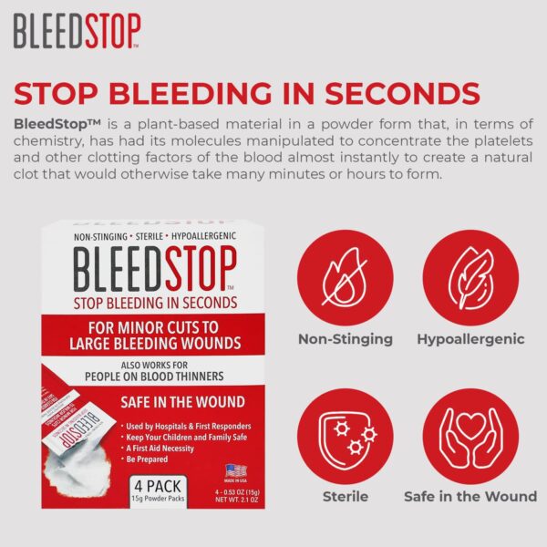 BleedStop™ First Aid Powder for Blood Clotting, Trauma Kit, Blood Thinner Patients, Camping Safety, and Survival Equipment for Moderate to Severe Bleeding Wounds or Nosebleeds - 4 (15g) Pouches - Image 4