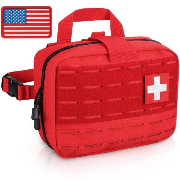 LIVANS Tactical Molle Medical Pouch of Upgraded Size, First Aid Large Capacity IFAK EMT Detachable Quick Release with Headrest Mount Include Flag and Cross Patch, Red, Free Size