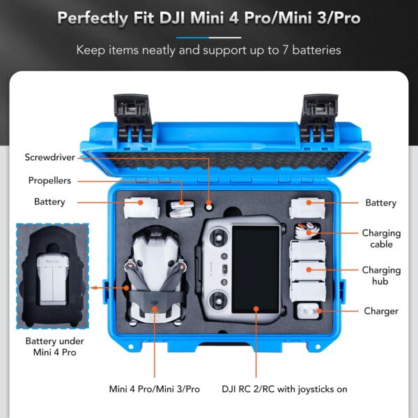Lykus Titan MM410 Waterproof Hard Case (Blue) for DJI Mini 4 Pro/Mini 3/Pro and DJI RC 2/RC/RC-N2/N1, Support 7 batteries and RC lanyard [CASE ONLY] - Image 9