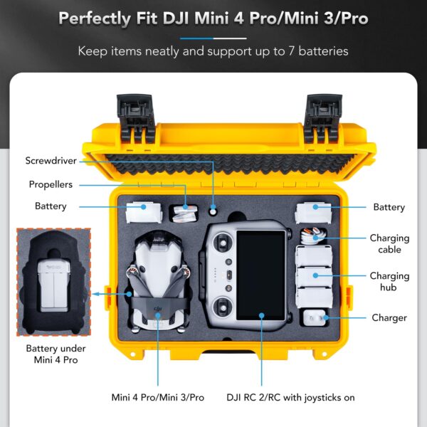 Lykus Titan MM410 Waterproof Hard Case (Yellow) for DJI Mini 4 Pro/Mini 3/Pro and DJI RC 2/RC/RC-N2/N1, Support 7 batteries and RC lanyard [CASE ONLY] - Image 9