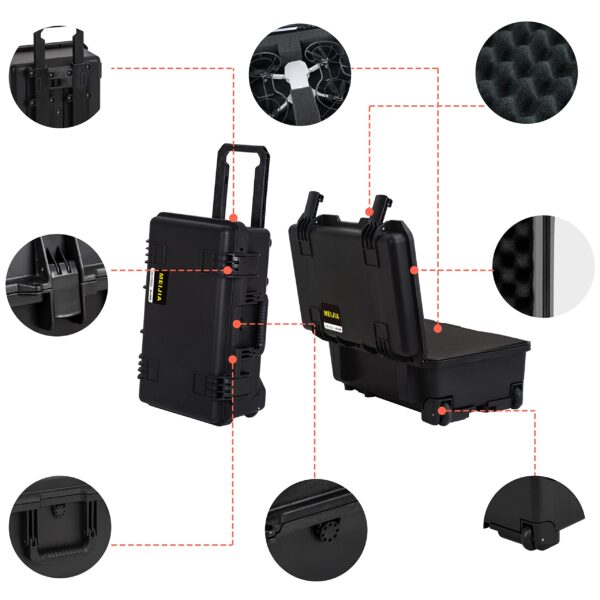 MEIJIA Premium Waterproof Hard Compact Rolling Camera Case with customizable fit foam and wheels,Full Protection with Light&Convenient Design,21.7"x14.1"x8.8",Elegant Black - Image 7