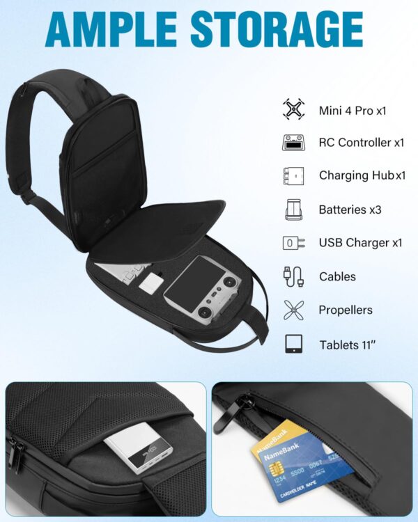 PEKREWS Mini 4 Pro Case, Waterproof Hard Carrying Case, Portable Travel Drone Sling Backpack, Crossbody Bag Compatible with DJI Mini 4 Pro, RC 2/ RC-N2 Controller, Fly More Combo and Accessories - Image 6