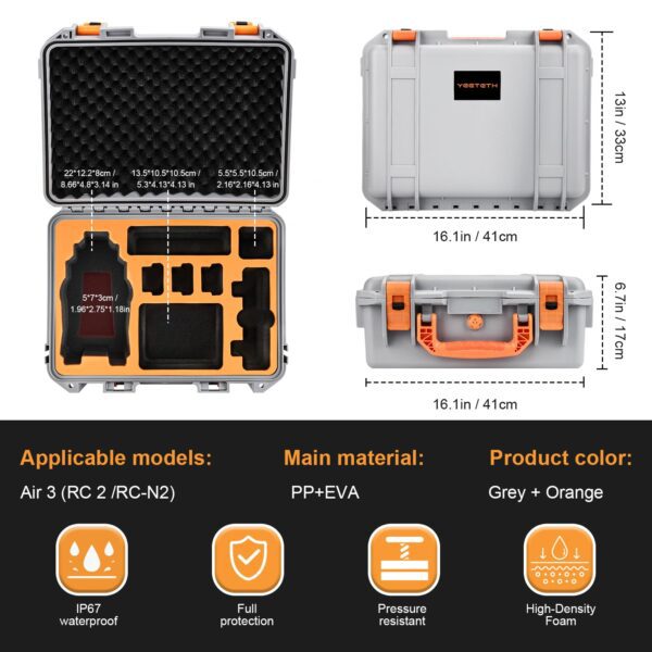 YETEETH Hard Case for DJI Air 3S Air 3, Waterproof Pressure Resistant Carrying Case for DJI Air 3S Air 3 Accessories - Fits Latest DJI RC 2/RC-N2/RC-N3 (Grey) - Image 5