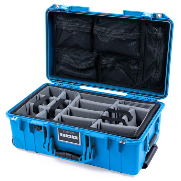 Pelican Air 1535 Carry-on Case by ColorCase - Electric Blue - Medium Size Waterproof Case with Gray Padded Microfiber Dividers & Mesh Lid Organizer - Blue Handles & Latches