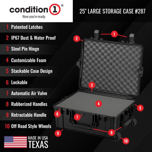 Condition 1 25" Large Rolling Hard Travel Case Model 287 Lockable Storage Box, Waterproof Dustproof Protective Luggage with Handle, Made in USA, 24.53"x19.55"x10.95" Black - Image 6