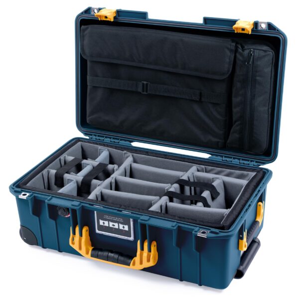 ColorCase Pelican Air 1535 Carry-on Case Deep Pacific Blue - Medium Size Waterproof Case with Gray Padded Microfiber Dividers & Laptop Computer Lid Pouch - Yellow Handles & Latches
