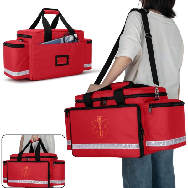 Trunab Emergency Responder Trauma Bag Empty, Professional First Aid Kits Storage Medical Bag with Inner Dividers and No-Scratch Bottom, Ideal for EMT, EMS, Paramedics, Red, Bag ONLY - Image 4