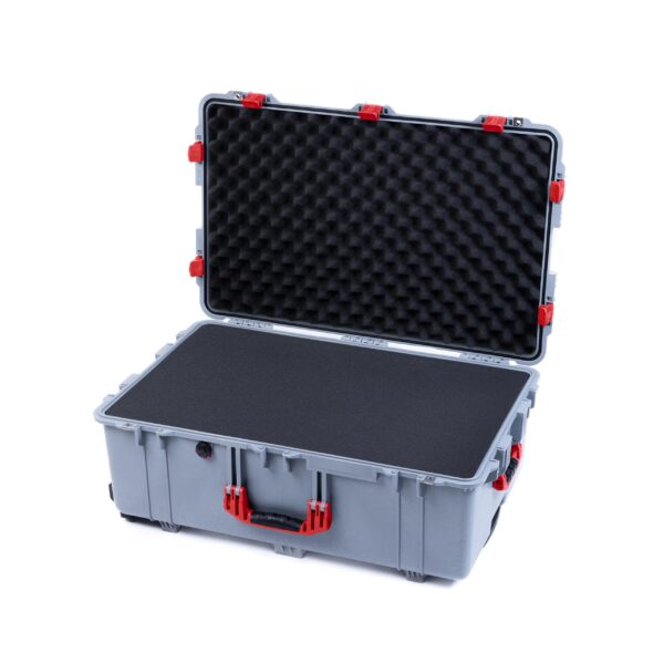 ColorCase Pelican 1650 Case Silver - Large Sized Rolling Waterproof Case with Pick & Pluck Foam & Convoluted Lid Foam - Red Handles & Latches - Image 4