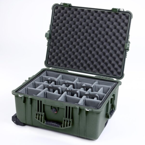 Pelican 1610 Case by ColorCase - OD Green - Large Sized Waterproof Case with Gray Padded Dividers Convoluted Lid Foam - OD Green Handles Latches