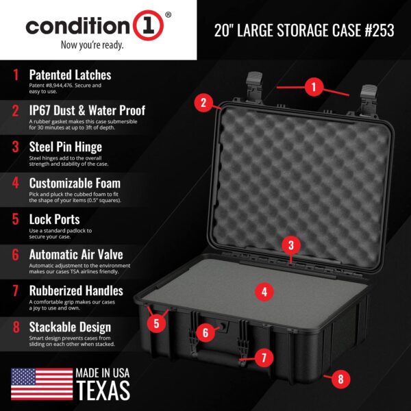 Condition 1 20" Large Waterproof Protective Hard Case with Foam, Model 253, Watertight IP67 Dust Proof and Shock Proof TSA Friendly Portable, Made in USA, 20.16"x16.85"x8.37" Black - Image 5