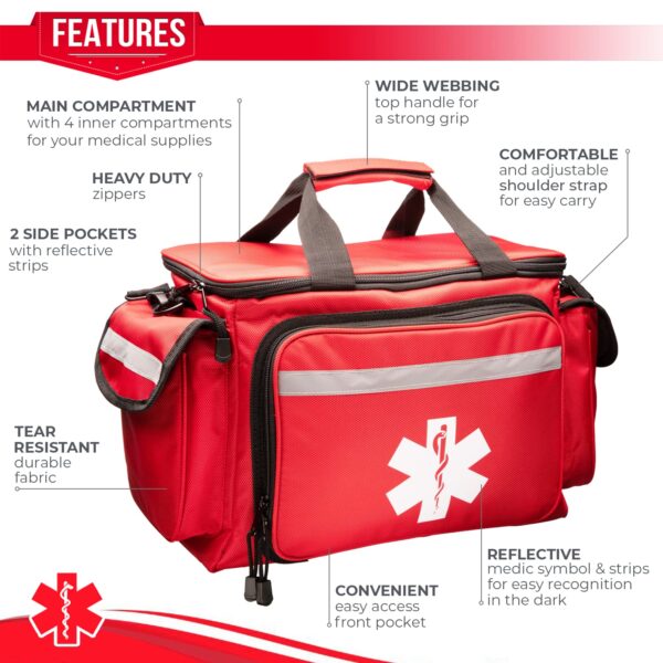 NOVAMEDIC Professional Red Empty Trauma First Aid Medical Bag, 15"x10"x9", Multi Compartment First Responder Carrier for EMT, Paramedics, Emergency and Medical Supplies Kit - Image 5