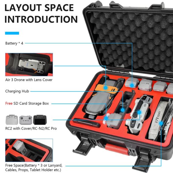 FPVtosky Hard Case for DJI Air 3S/Air 3 Drone/Fly More Combo, Waterproof Air 3S Hard Shell Carrying Case Accessories, Compatible with DJI RC2/ RC-N2/ RC Pro, Up to 8 Batteries - Image 7