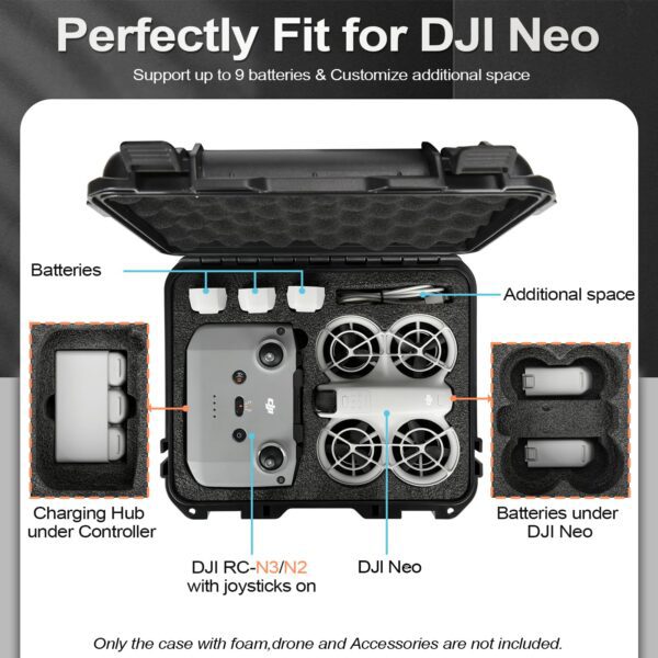 Case for Dji Neo Drone Combo - Waterproof Small Hard Case for DJI Neo Accessories, Carrying Case for DJI Neo Fly More Combo/RC-N3/RC-N2/Remote Controller/Charging Hub, Supports 9 batteries(Only Case) - Image 6