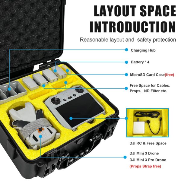 FPVtosky Hard Case for DJI Mini 3/ Mini 3 Pro, Waterproof DJI Mini 3 / Mini 3 Pro Case, Fits DJI RC Controller, Free Props Strap and MicroSD Card Case Included [Case Only] - Image 7