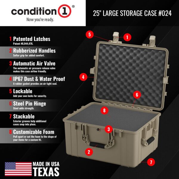 Condition 1 25" Large Heavy-Duty Protective Waterproof Hard, Case Model 024, Portable Storage Box with Customizable Foam, Camera, Tool, Hunting, Made in USA, 24.27"x19.40"x13.57" Tan - Image 5