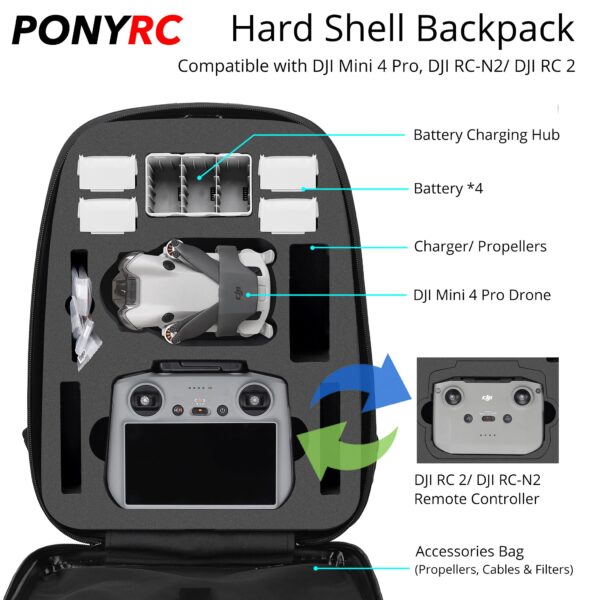 PONYRC Mini 4 Pro Case Backpack, Waterproof Shockproof Hard Shell Carrying Case Bag for DJI Mini 4 Pro Drone, DJI RC-N2/ DJI RC 2 & Other Mini 4 Pro Accessories - Image 9