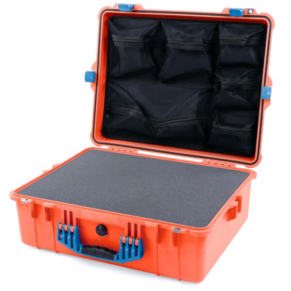 ColorCase Pelican 1600 Case Orange - Large Size Waterproof Case with Pick & Pluck Foam Set & Mesh Lid Organizer - Blue Handle & Latches