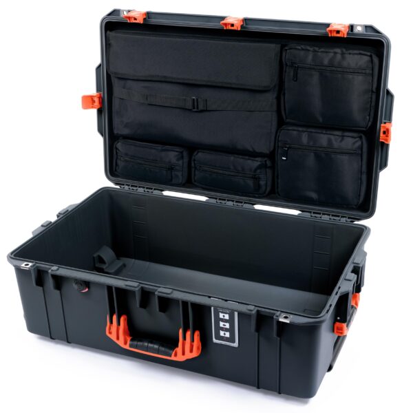 ColorCase Pelican 1595 Case Charcoal - Large Sized Waterproof Case with Laptop Computer Lid Pouch - Orange Handles & Latches
