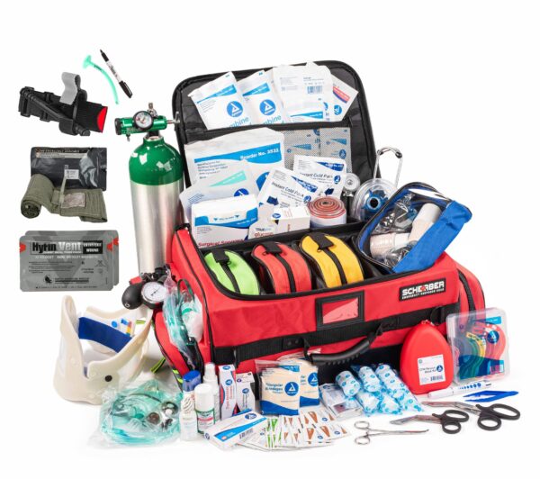Scherber Fully-Stocked Premium First Responder Bag | HSA/FSA Approved | Large Pro EMT/EMS Trauma, Bleeding & Oxygen Medical Kit | CAT Tourniquet, HyFin Chest Seal & 250+ First Aid Supplies (Red)