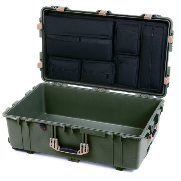 ColorCase Pelican 1650 Case OD Green - Large Sized Waterproof Rolling Case with Computer Lid Pouch - Desert Tan Handles & Latches