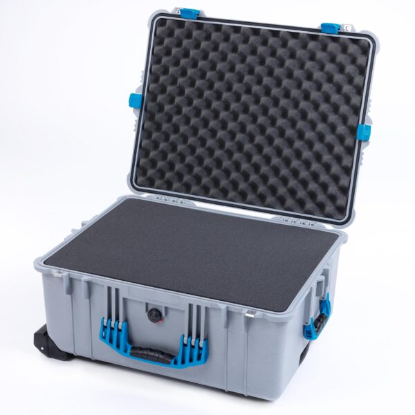 Pelican 1610 Case by ColorCase - Silver - Large Sized Waterproof Case with Pick Pluck Foam & Convoluted Lid Foam - Blue Handles Latches