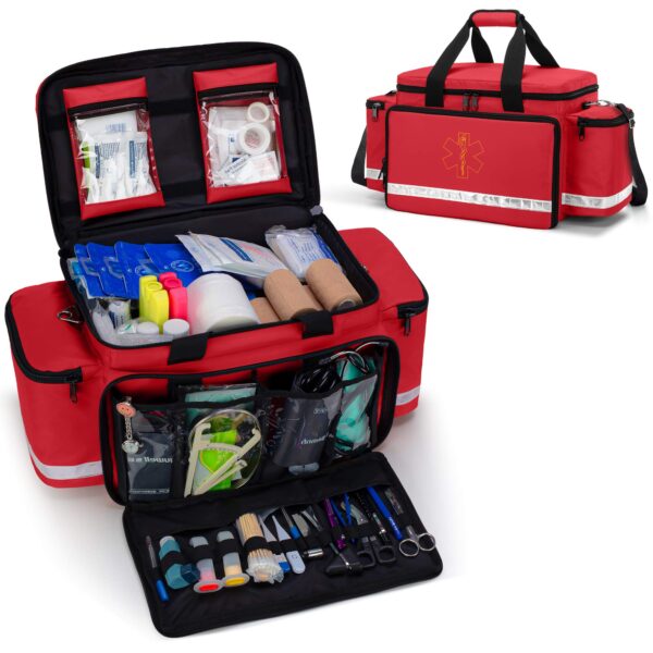 Trunab Emergency Responder Trauma Bag Empty, Professional First Aid Kits Storage Medical Bag with Inner Dividers and No-Scratch Bottom, Ideal for EMT, EMS, Paramedics, Red, Bag ONLY