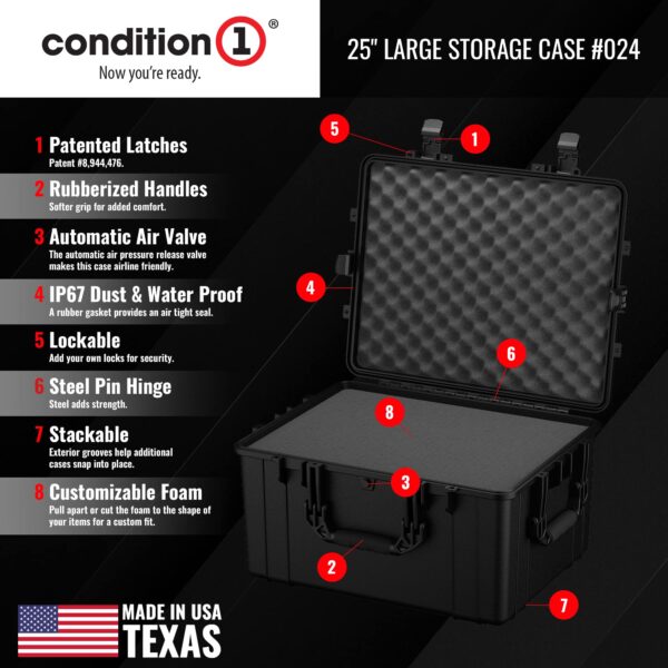 Condition 1 25" Large Heavy-Duty Protective Waterproof Hard Case, Model 024, Portable Storage Box with Customizable Foam, Camera, Tool, Hunting, Made in USA, 24.27"x19.40"x13.57" Black - Image 5