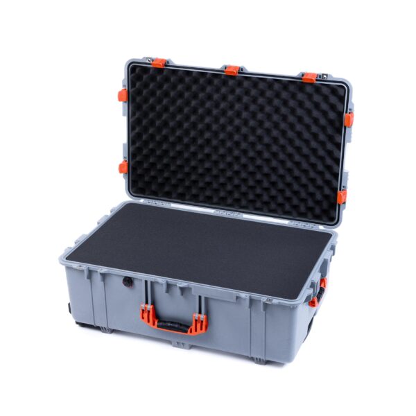 ColorCase Pelican 1650 Case Silver - Large Sized Rolling Waterproof Case with Pick & Pluck Foam & Convoluted Lid Foam - Orange Handles & Latches - Image 4