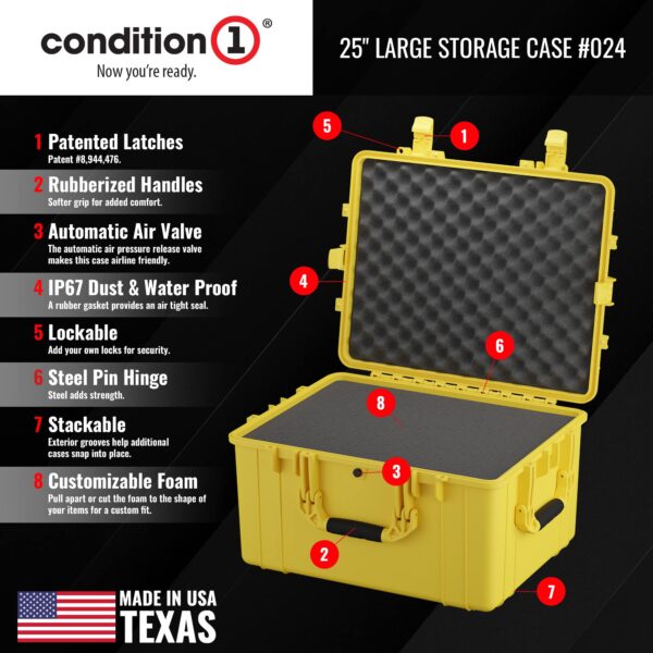 Condition 1 25" Large Heavy-Duty Protective Waterproof Hard Case Model 024, Portable Storage Box with Customizable Foam, Camera, Tool, Hunting, Made in USA, 24.27"x19.40"x13.57" Yellow - Image 5