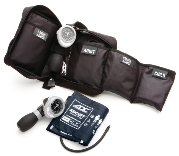 ADC - 732DB Multikuf 732 4-Cuff EMT Kit with 804 Portable Palm Aneroid Sphygmomanometer, Child, Small Adult, Adult and Large Adult Blood Pressure Cuffs (13-50 cm), Black Nylon Zipper Storage Case, Navy