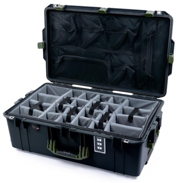 Pelican 1595 Case by ColorCase - Black - Large Sized Waterproof Case with Grey Padded Dividers & Mesh Lid Organizer - OD Green Handles & Latches