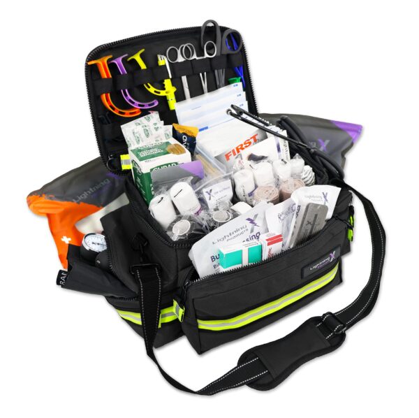 Lightning X Products Lightning X Mid-Sized First Responder EMT Bag | LXMB25 Fully Stocked w/ 240+ Aid, EMS & Trauma Supplies - Black