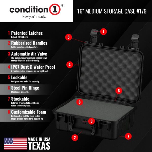 Condition 1 16" Medium Hard Case Lockable Storage Box, Model 179, Waterproof Travel Plastic Case, Protective Luggage for Camera, Tactical Gear IP67, Made in USA, 16"x13"x6.86" Black - Image 5