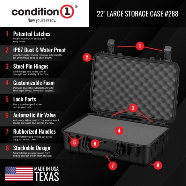 Condition 1 22" Large Waterproof Hard Travel Case with Foam, Model 288, Protective Storage for Camera, Tools, Hunting, Tactical, Made in USA, 22.08"x14.89"x7.75" Black - Image 5